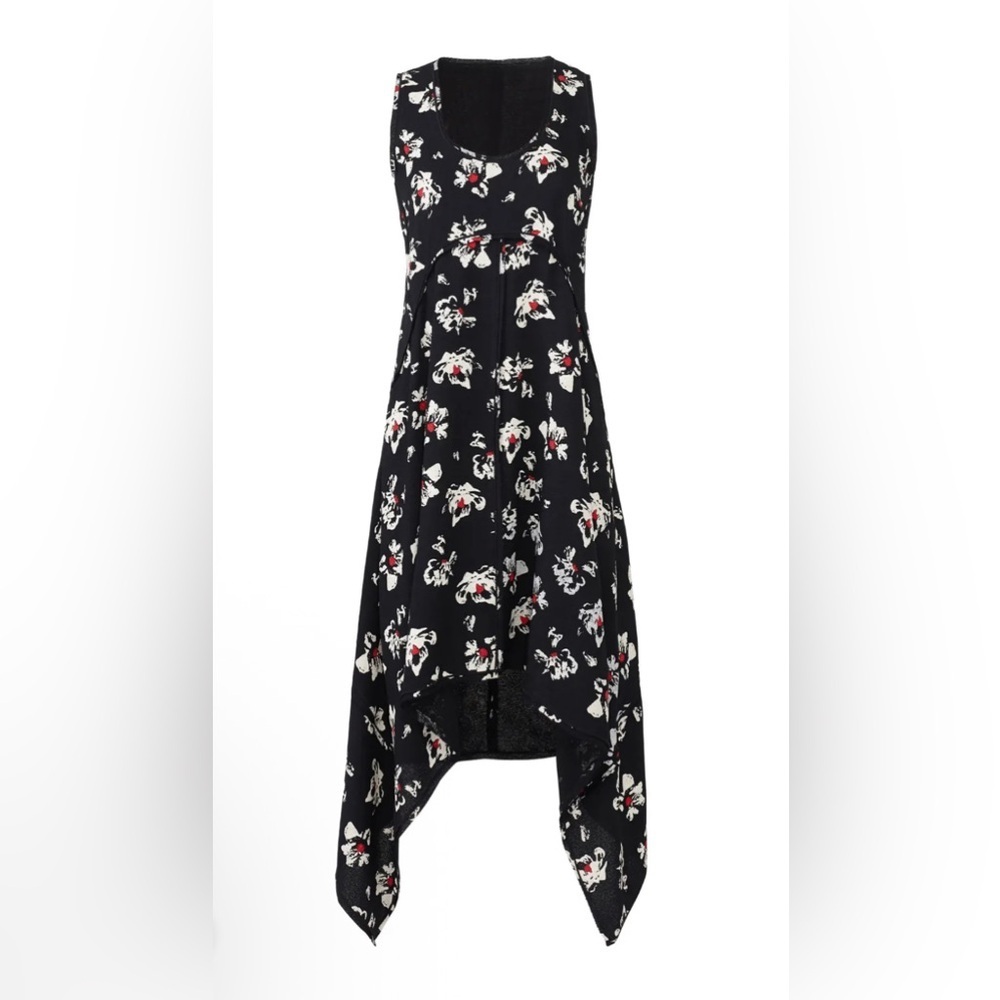 Proenza Schouler Black White and Red Floral Hankerchief Hem Dress